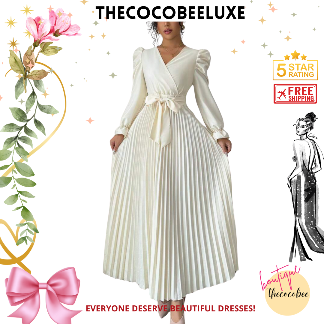 #013 Women dress V-Neck Tie Gigot Sleeve Pleated Solid Color in White