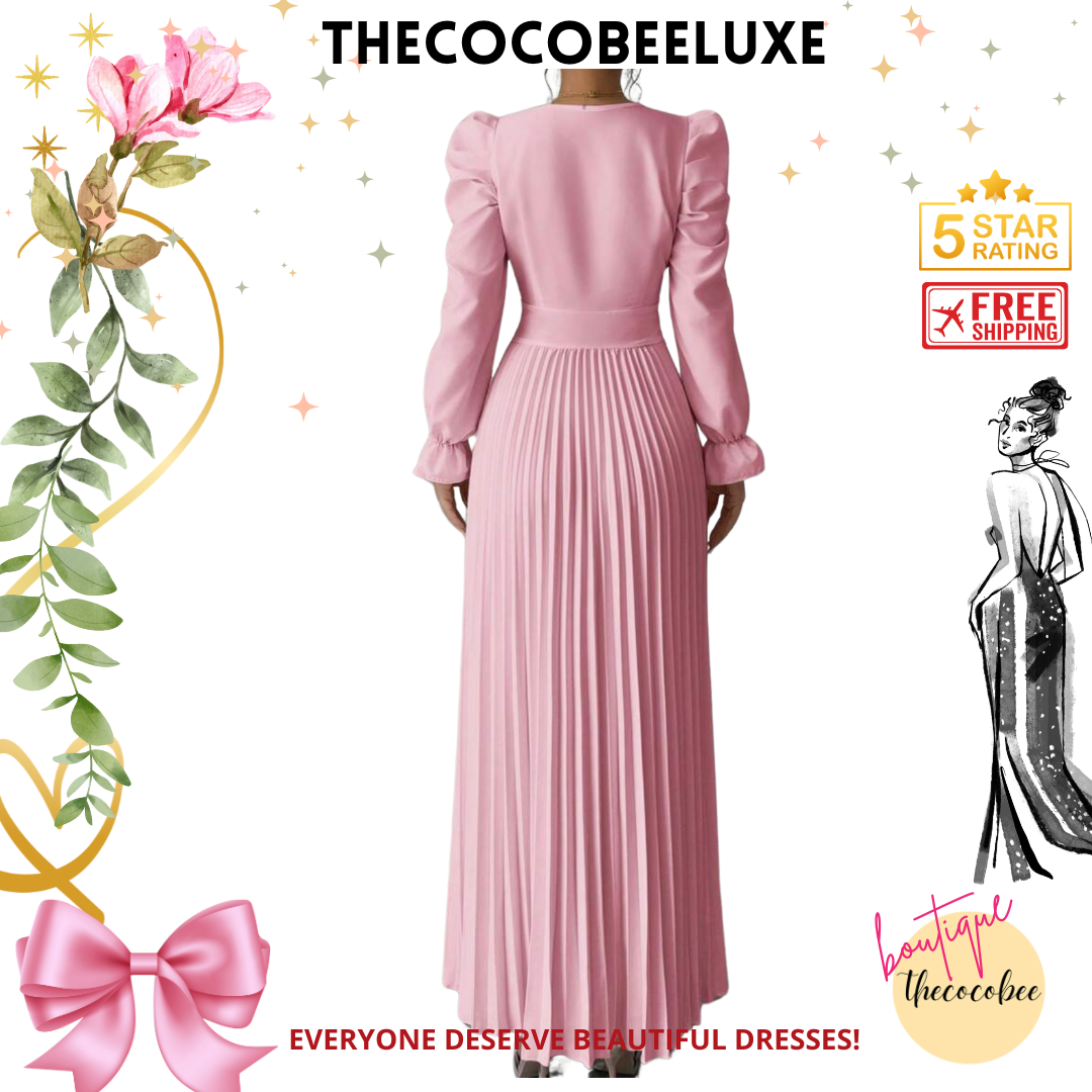 #013 Women dress V-Neck Tie Gigot Sleeve Pleated Solid Color in Pink