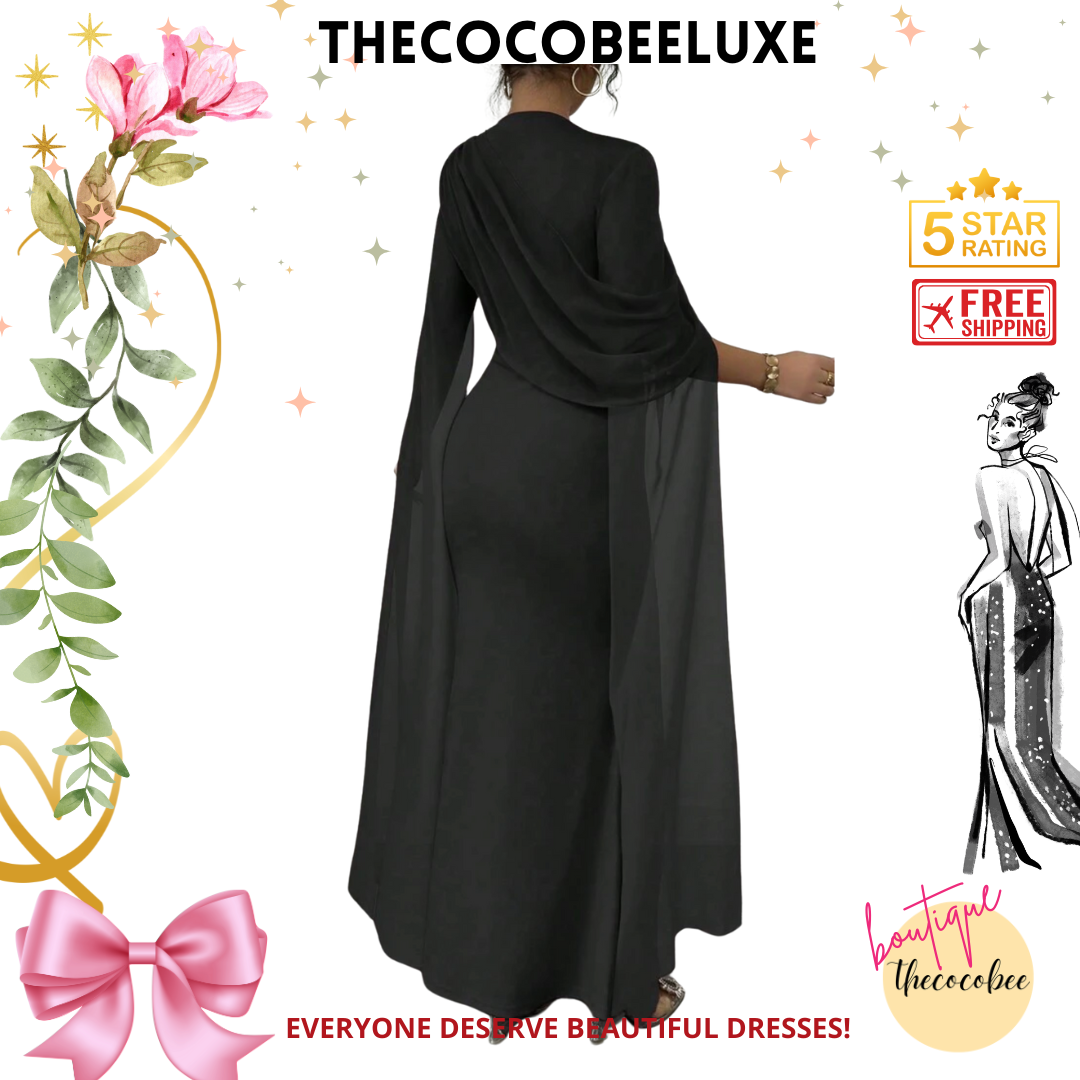 #016 Elegant Party Gown With Gathered Waist - black