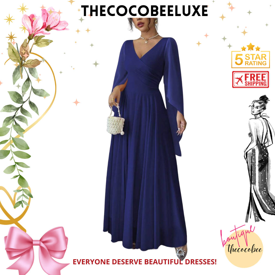 #015 Elegant Romantic Wedding, Bridesmaid, Prom, event Long Sleeve Dress - Navy Blue
