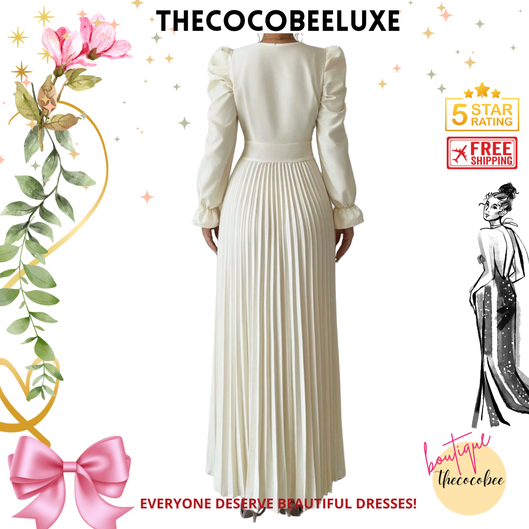 #013 Women dress V-Neck Tie Gigot Sleeve Pleated Solid Color in White