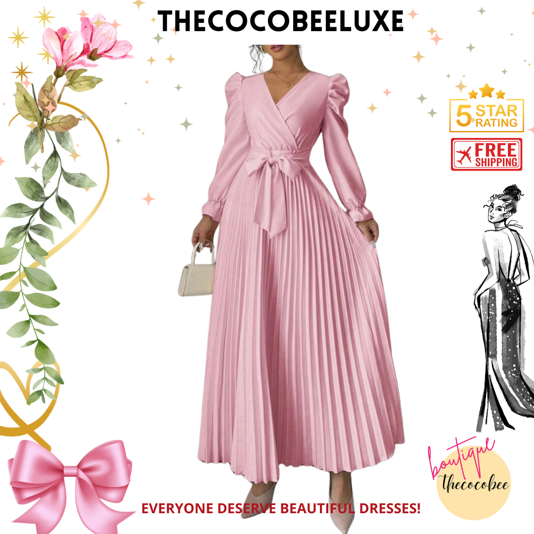 #013 Women dress V-Neck Tie Gigot Sleeve Pleated Solid Color in Pink