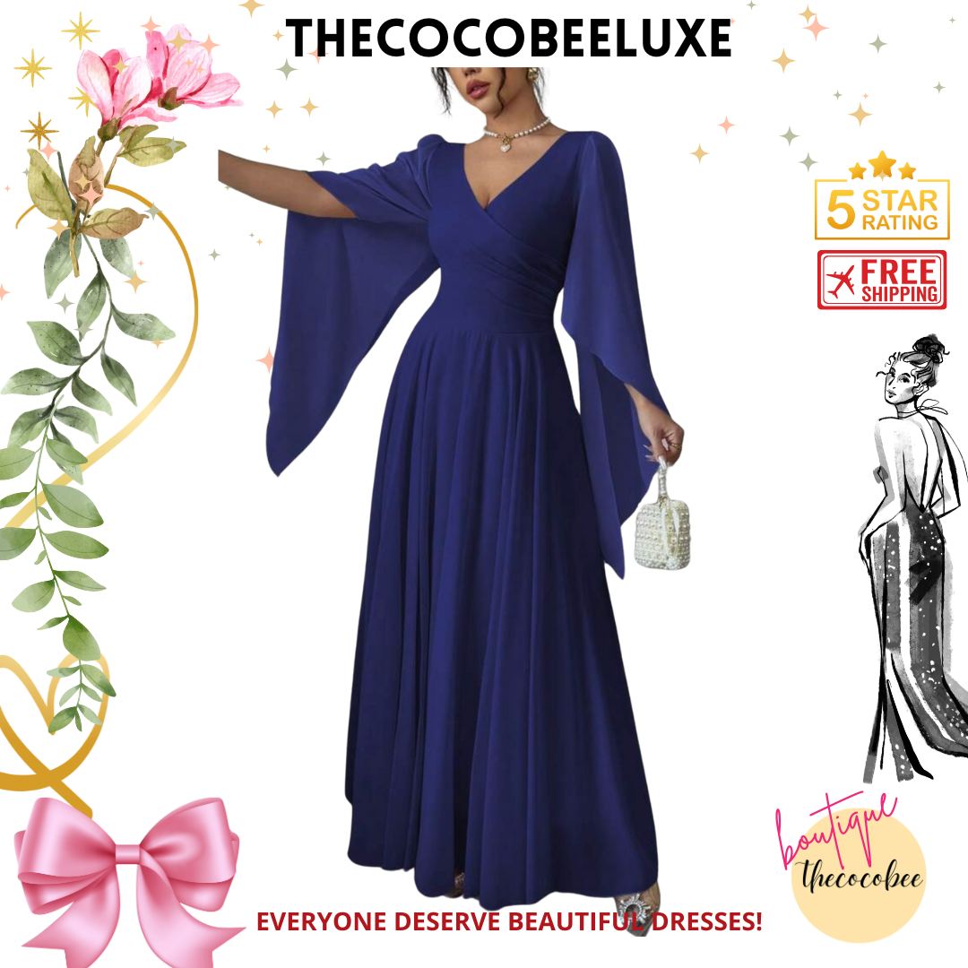 #015 Elegant Romantic Wedding, Bridesmaid, Prom, event Long Sleeve Dress - Navy Blue