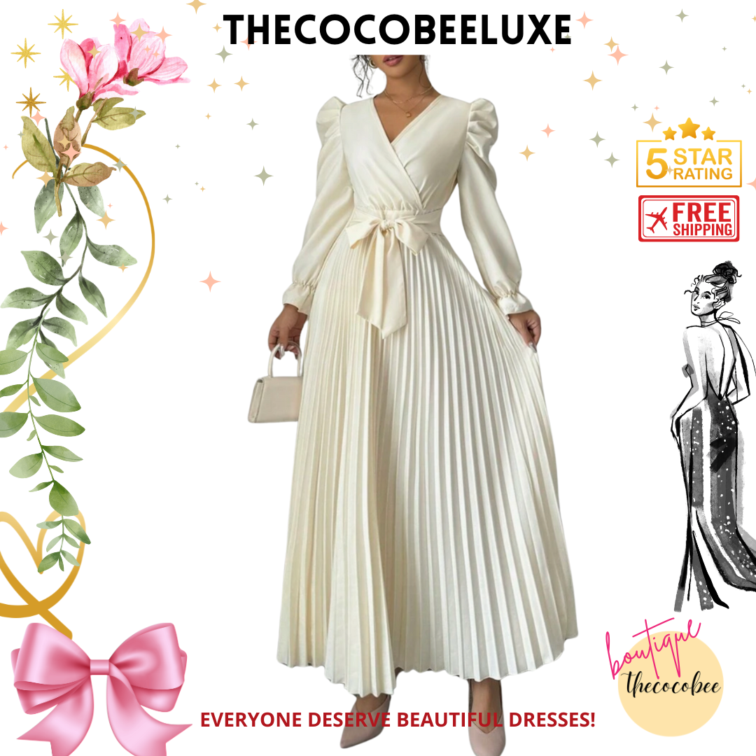 #013 Women dress V-Neck Tie Gigot Sleeve Pleated Solid Color in White