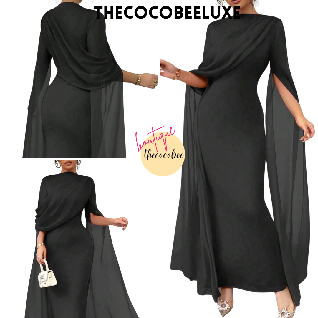 #016 Elegant Party Gown With Gathered Waist - black