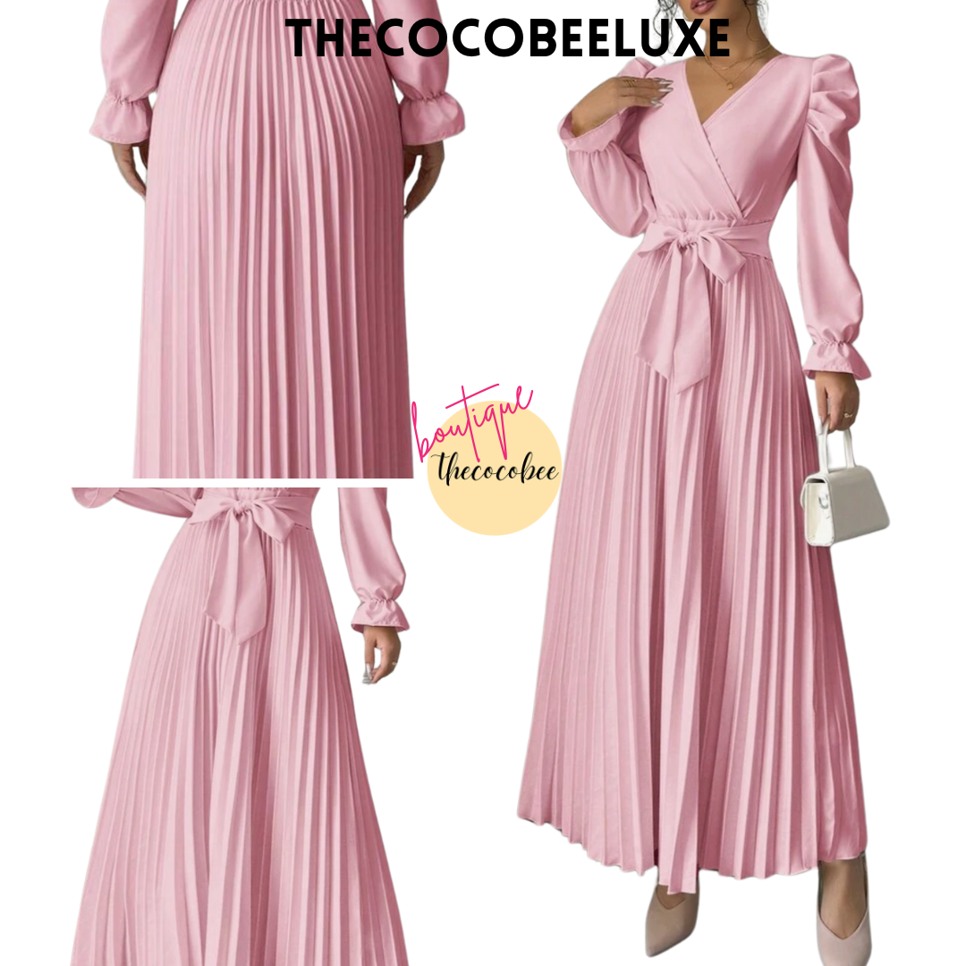 #013 Women dress V-Neck Tie Gigot Sleeve Pleated Solid Color in Pink