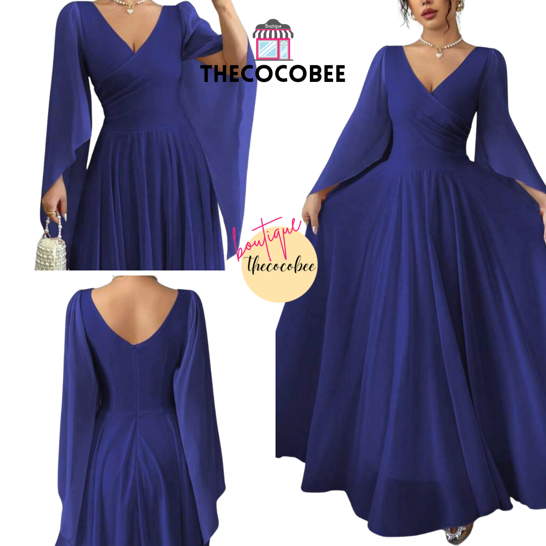 #015 Elegant Romantic Wedding, Bridesmaid, Prom, event Long Sleeve Dress - Navy Blue