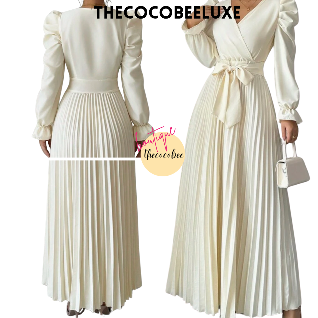 #013 Women dress V-Neck Tie Gigot Sleeve Pleated Solid Color in White