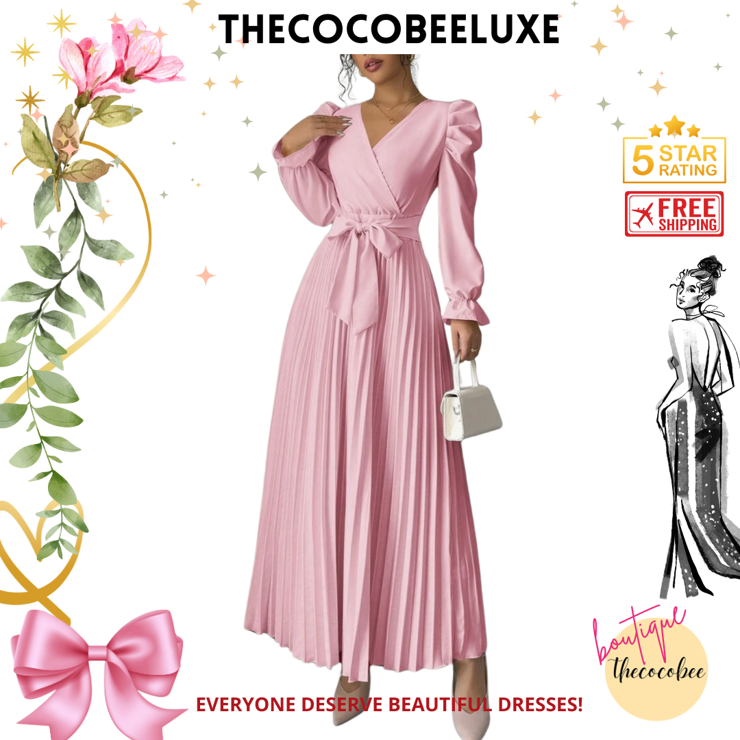 #013 Women dress V-Neck Tie Gigot Sleeve Pleated Solid Color in Pink