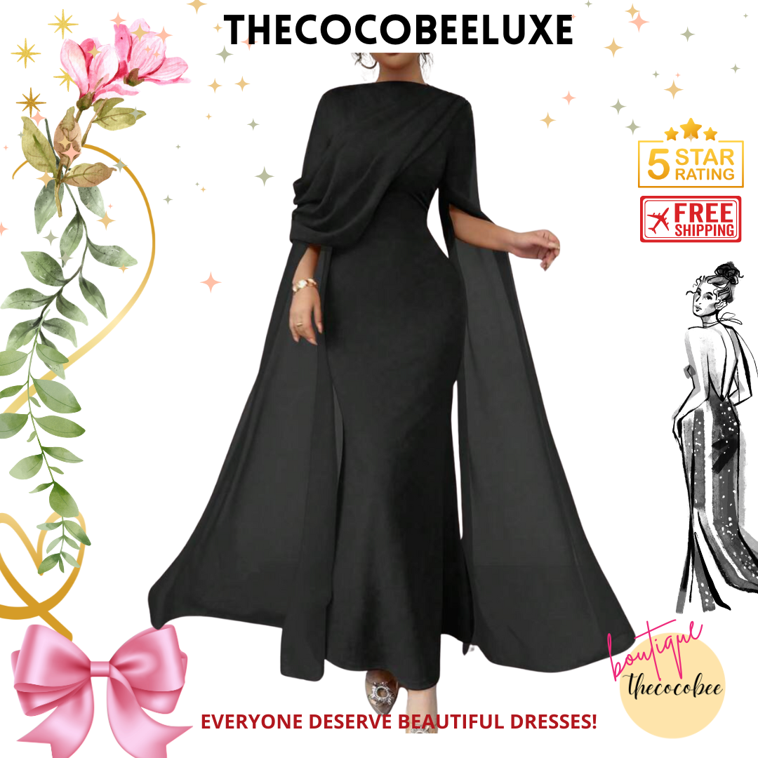 #016 Elegant Party Gown With Gathered Waist - black