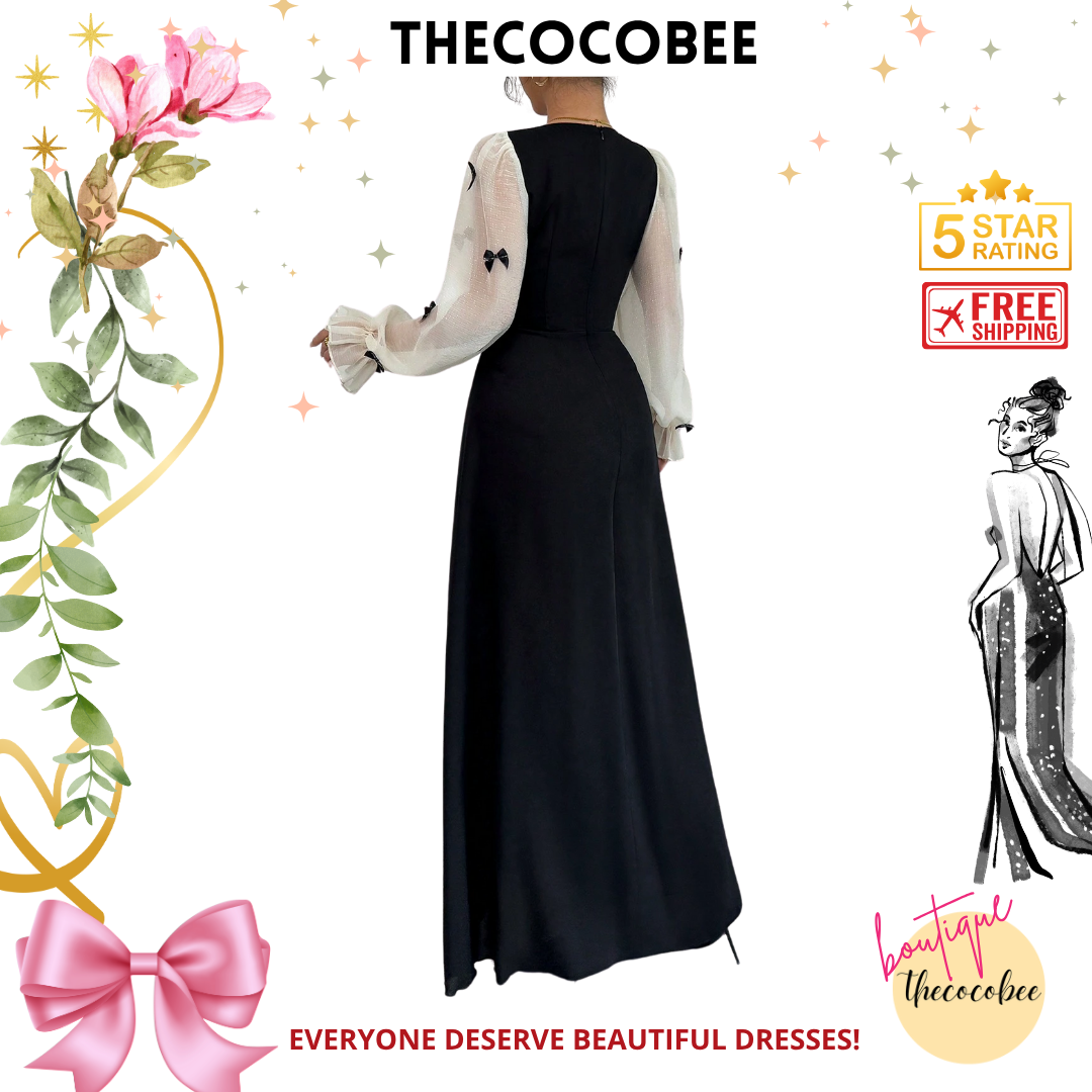 #100 Black Mixed Fabric Bowknot Decor 3D Floral Cinched Waist Woven Dress