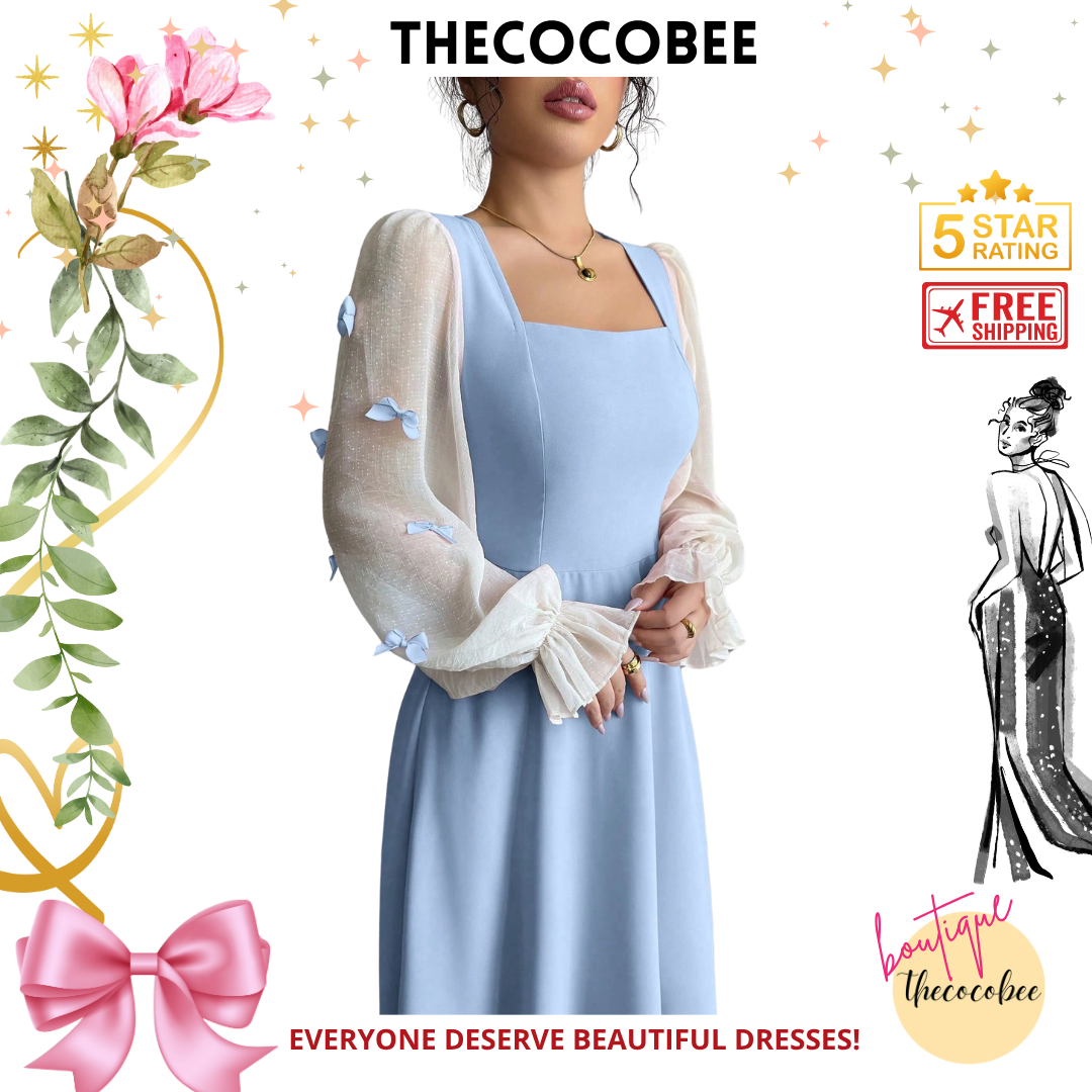 #100 Blue Mixed Fabric Bowknot Decorated Waist Cinched Woven Dress