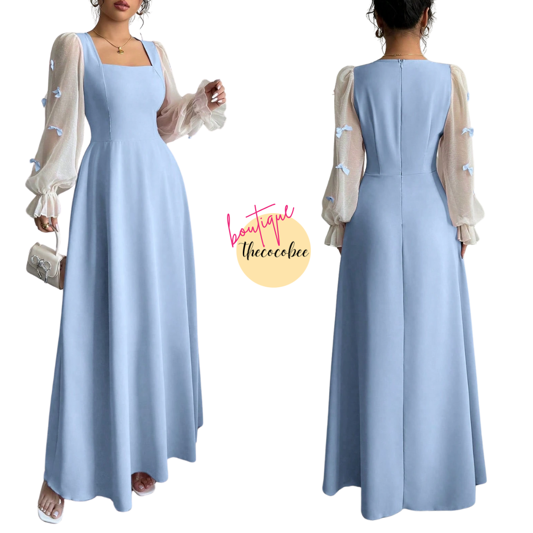 #100 Blue Mixed Fabric Bowknot Decorated Waist Cinched Woven Dress