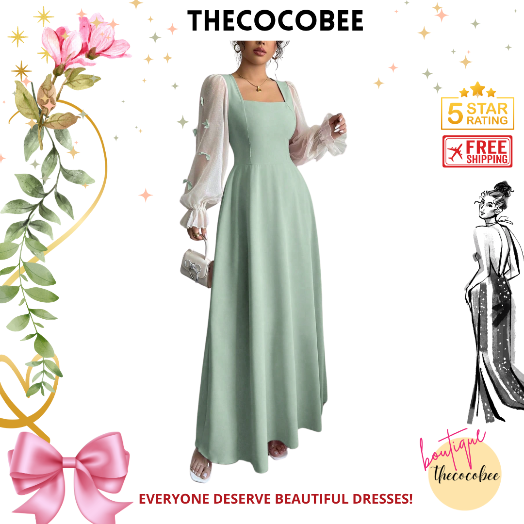 #100 Green Woven Patchwork Dress With Bow-Knot Decor And Cinched Waist