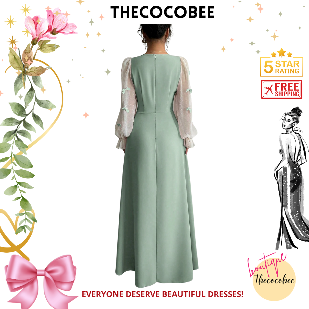 #100 Green Woven Patchwork Dress With Bow-Knot Decor And Cinched Waist