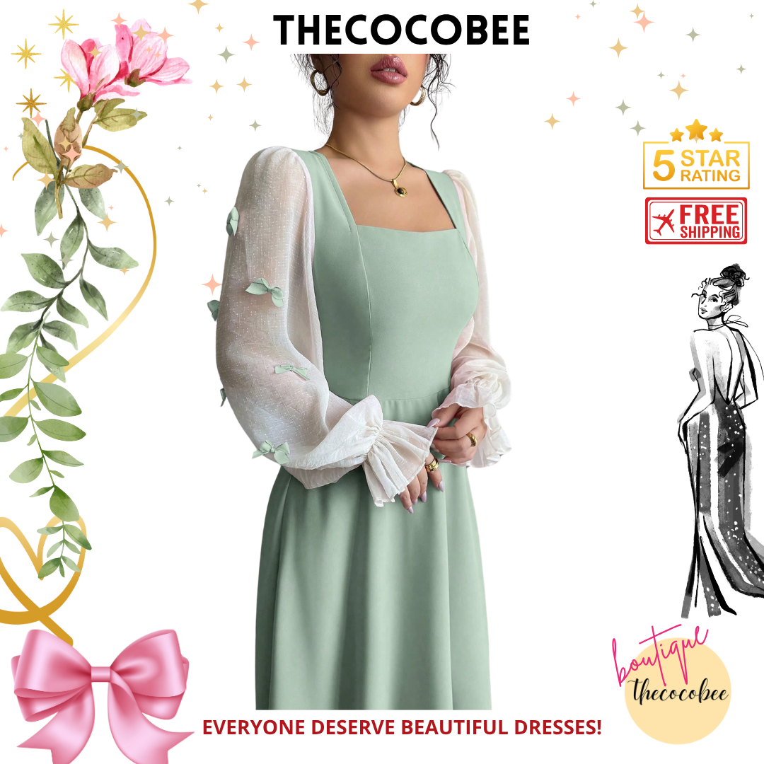 #100 Green Woven Patchwork Dress With Bow-Knot Decor And Cinched Waist