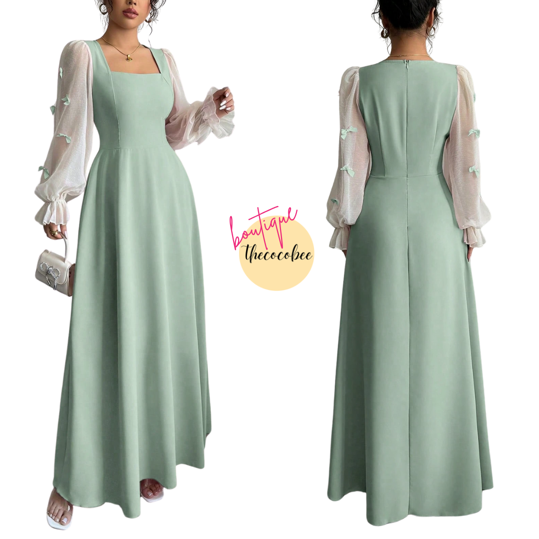 #100 Green Woven Patchwork Dress With Bow-Knot Decor And Cinched Waist