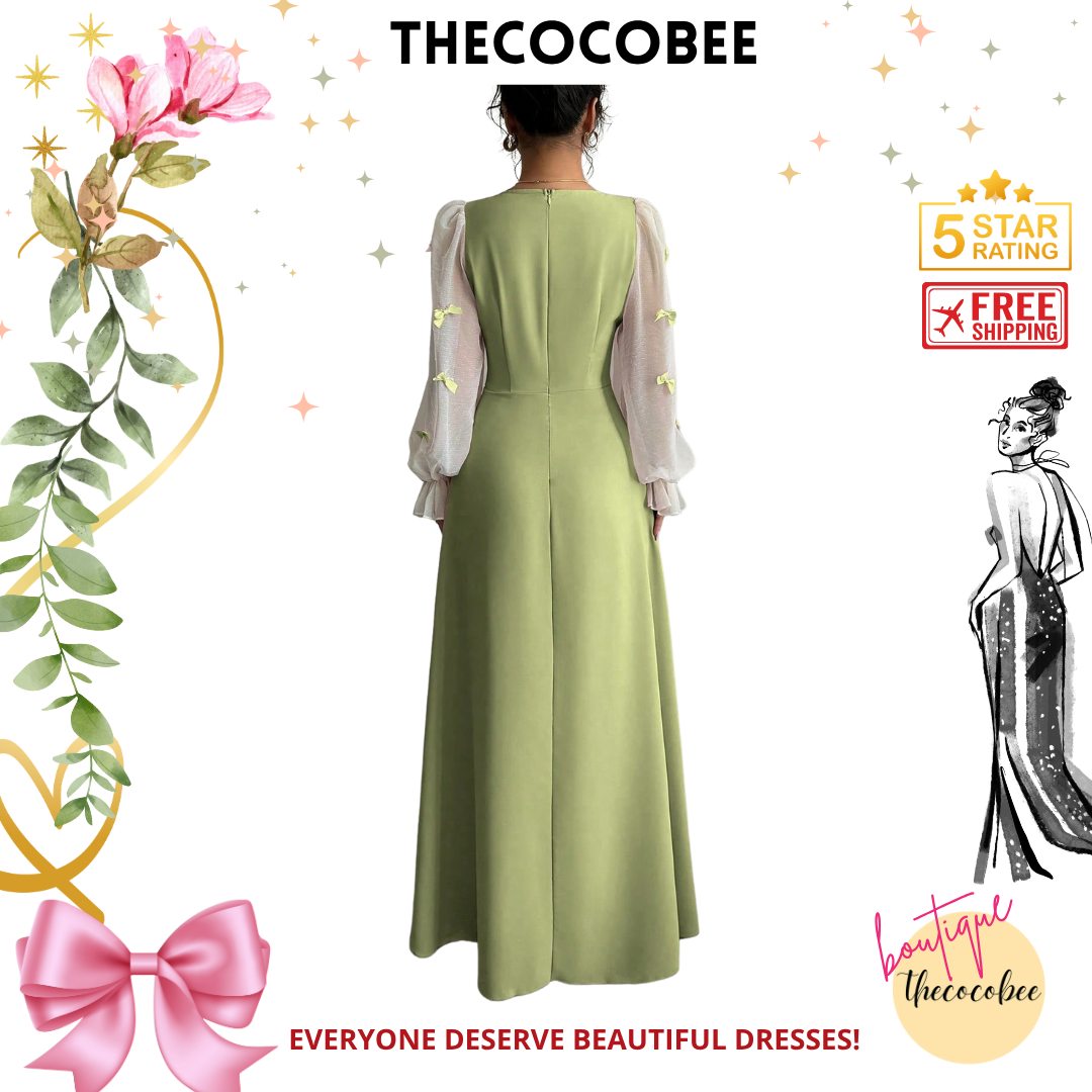 #100 Parrot Green Patchwork Woven Bowknot Decor Waisted Dress