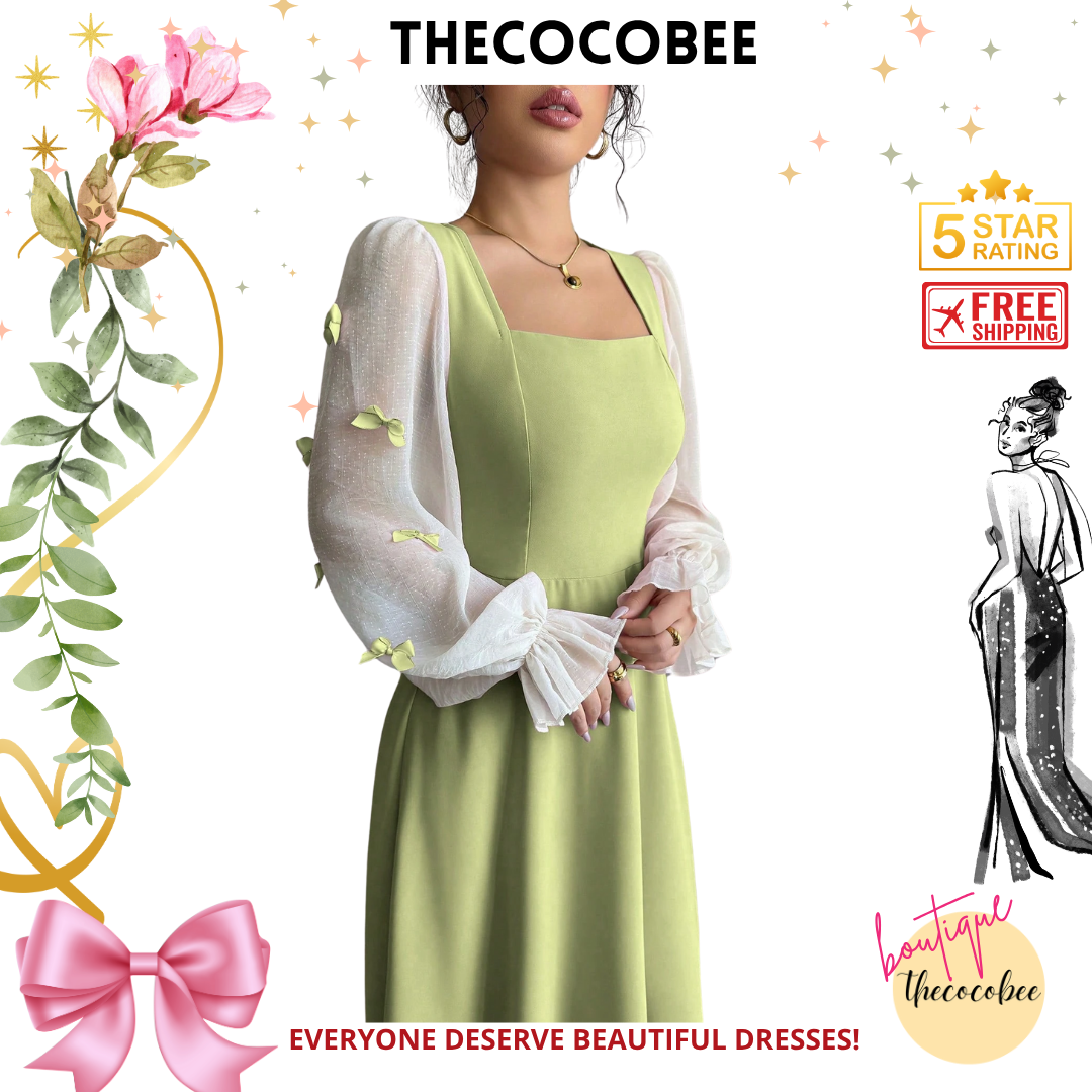 #100 Parrot Green Patchwork Woven Bowknot Decor Waisted Dress