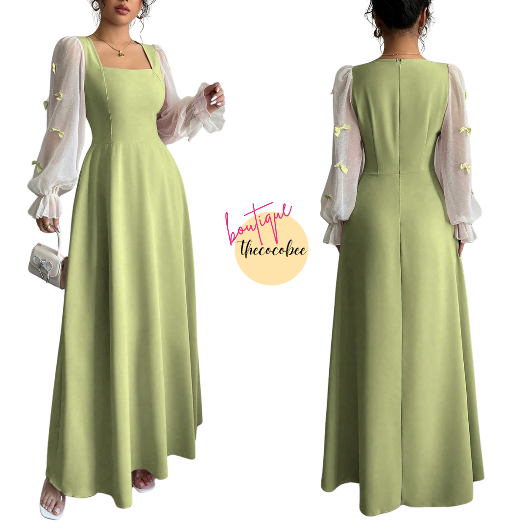 #100 Parrot Green Patchwork Woven Bowknot Decor Waisted Dress