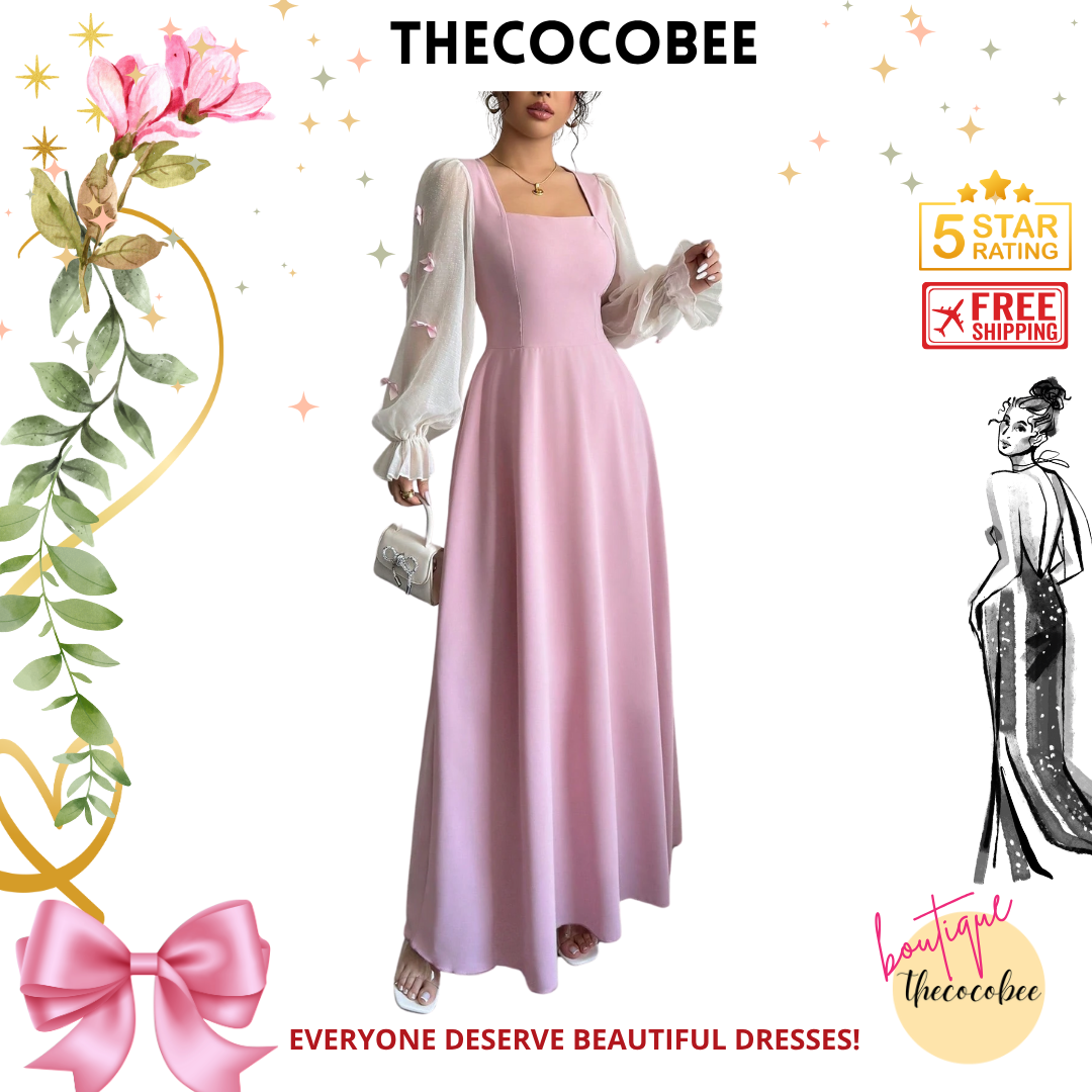 #100 Pink Woven Patchwork Bowknot 3D Floral Waist Fitted Dress