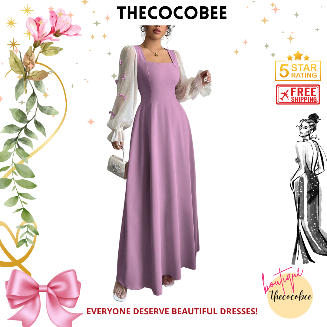 #100 Purple Mixed Material Butterfly Decor Cinching Waist Woven Midi Dress