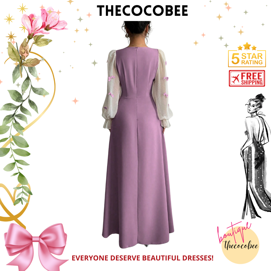 #100 Purple Mixed Material Butterfly Decor Cinching Waist Woven Midi Dress