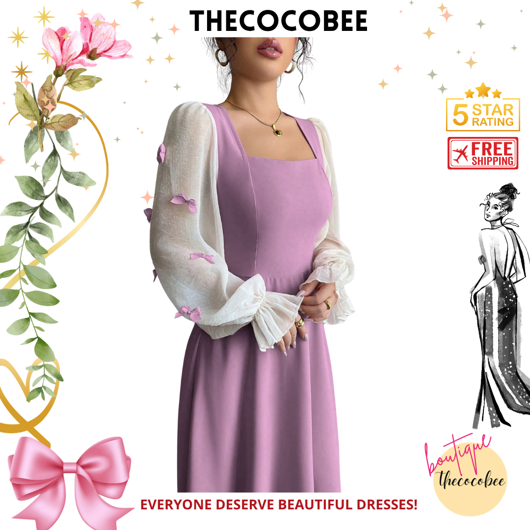 #100 Purple Mixed Material Butterfly Decor Cinching Waist Woven Midi Dress