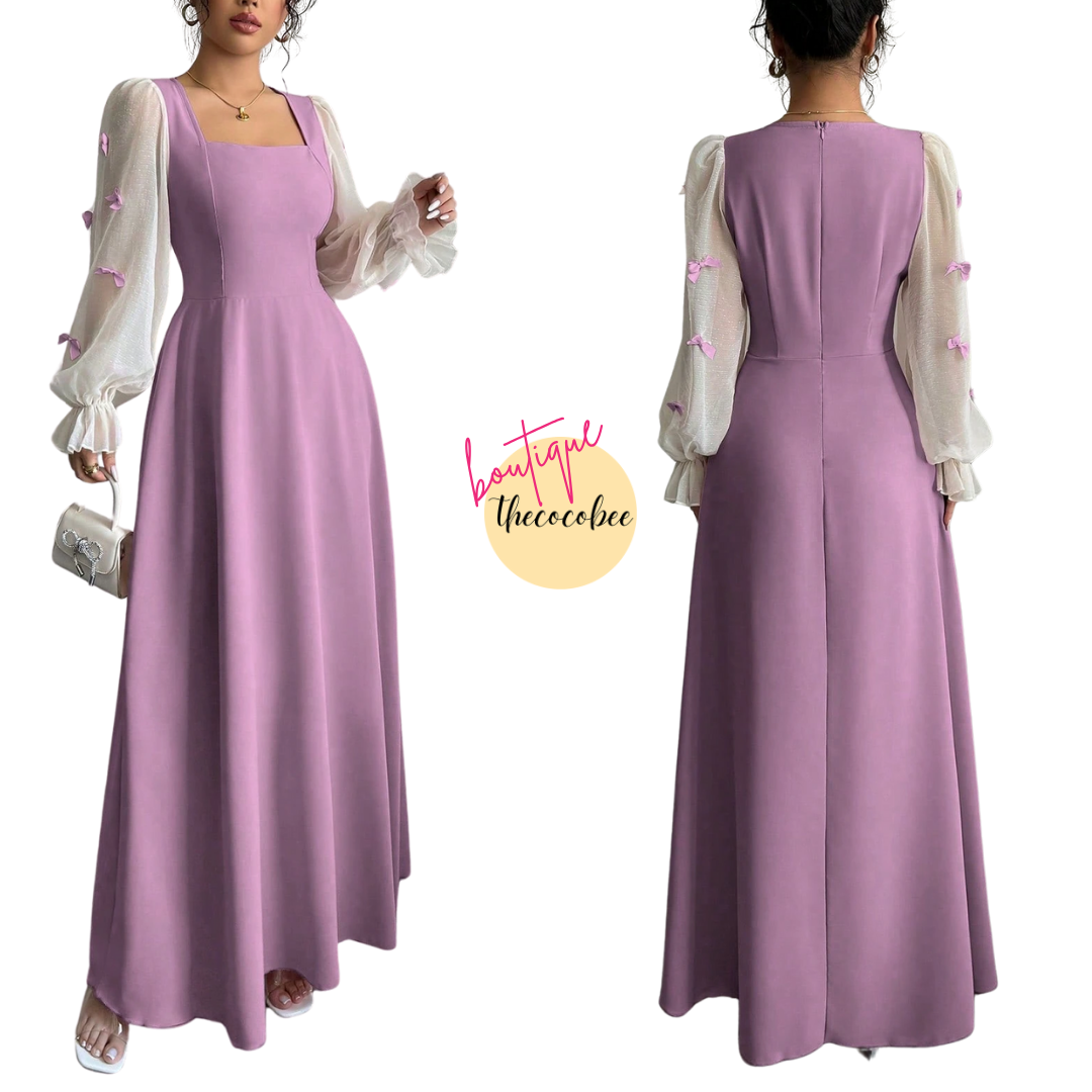 #100 Purple Mixed Material Butterfly Decor Cinching Waist Woven Midi Dress