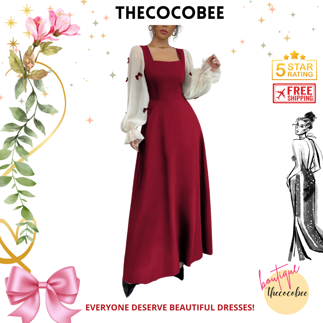 #100 Red Multi-Fabric Patchwork Bowknot 3D Floral Cinched Waist Midi Dress