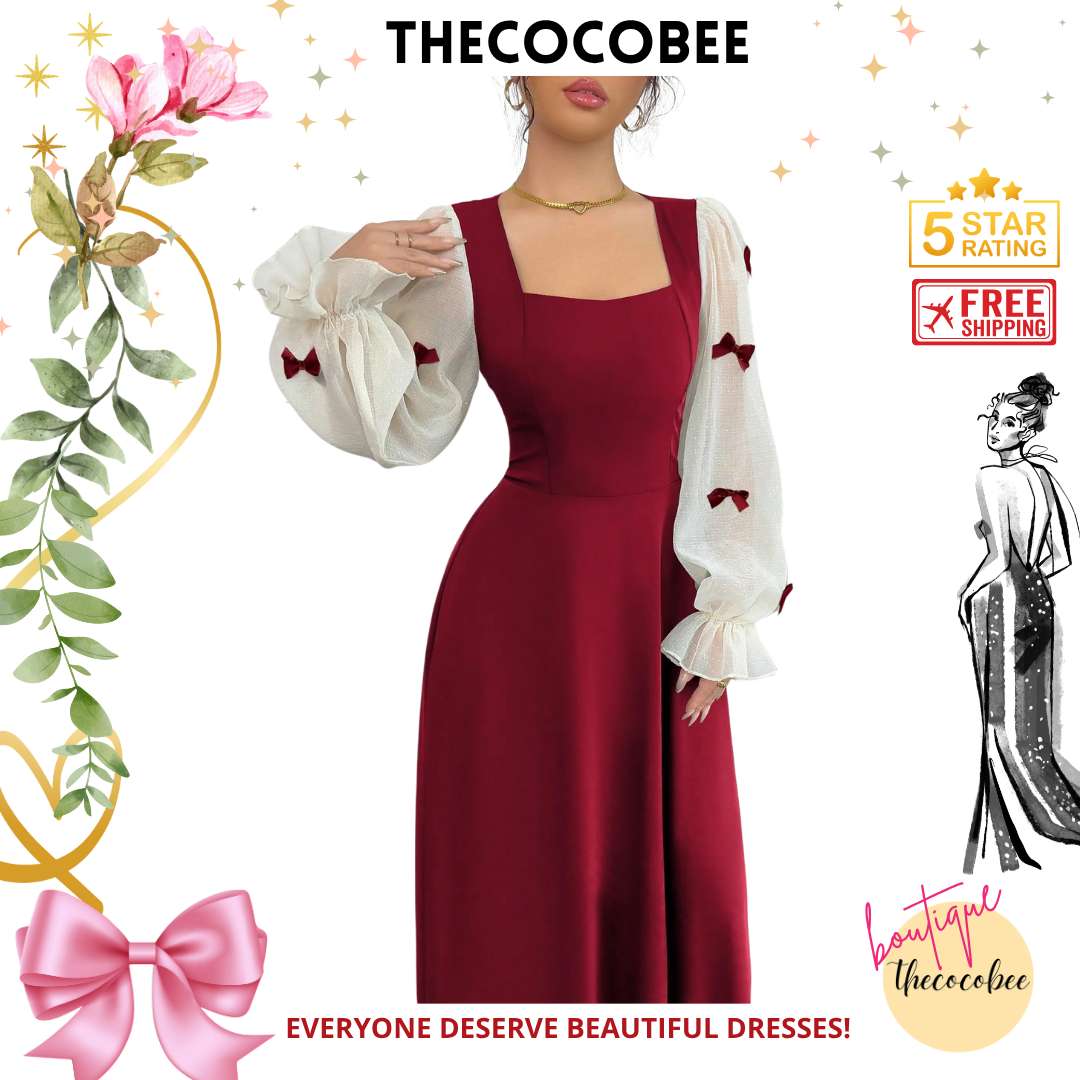 #100 Red Multi-Fabric Patchwork Bowknot 3D Floral Cinched Waist Midi Dress