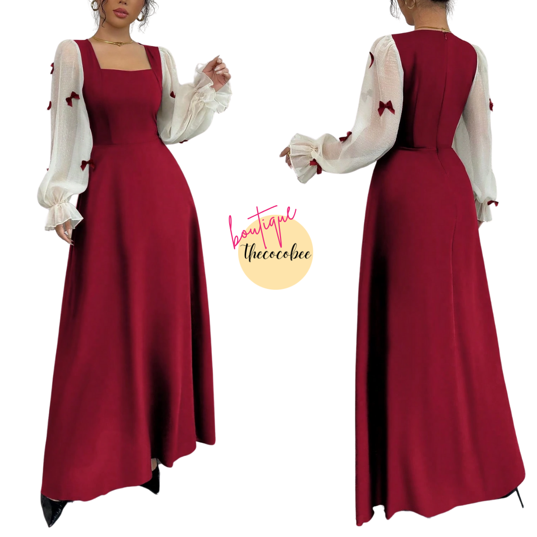 #100 Red Multi-Fabric Patchwork Bowknot 3D Floral Cinched Waist Midi Dress