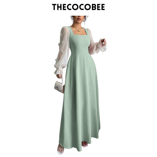 #100 Green Woven Patchwork Dress With Bow-Knot Decor And Cinched Waist