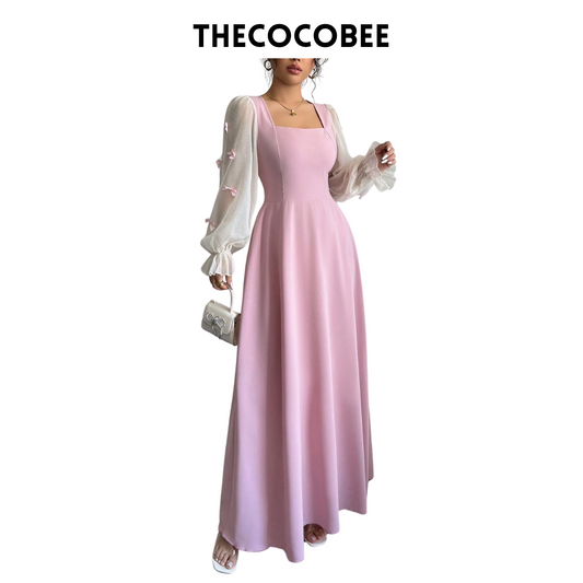 #100 Pink Woven Patchwork Bowknot 3D Floral Waist Fitted Dress