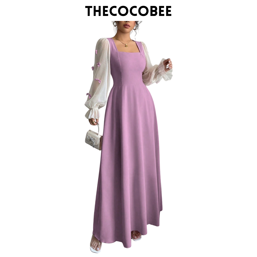 #100 Purple Mixed Material Butterfly Decor Cinching Waist Woven Midi Dress