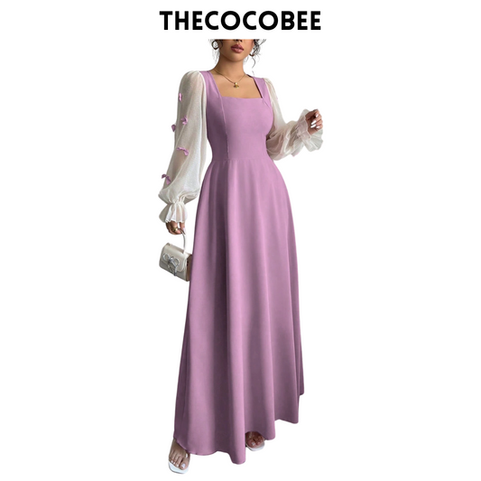 #100 Purple Mixed Material Butterfly Decor Cinching Waist Woven Midi Dress