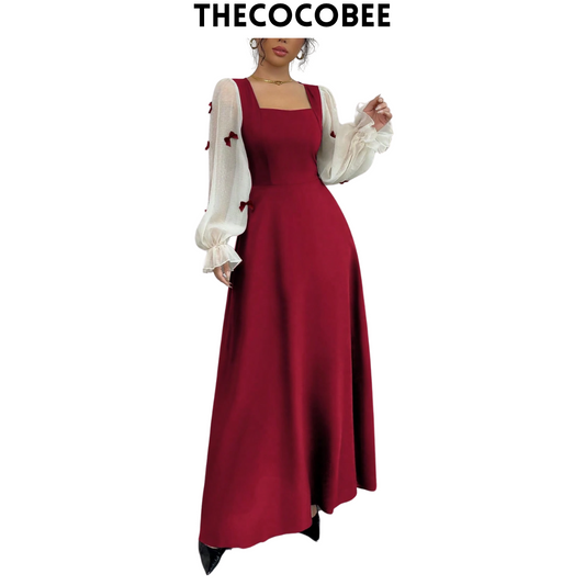 #100 Red Multi-Fabric Patchwork Bowknot 3D Floral Cinched Waist Midi Dress