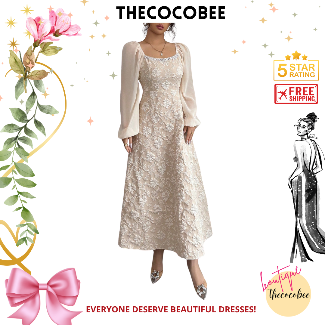 #101 Apricot Jacquard Woven Chiffon Puff Sleeve A-Line Dress