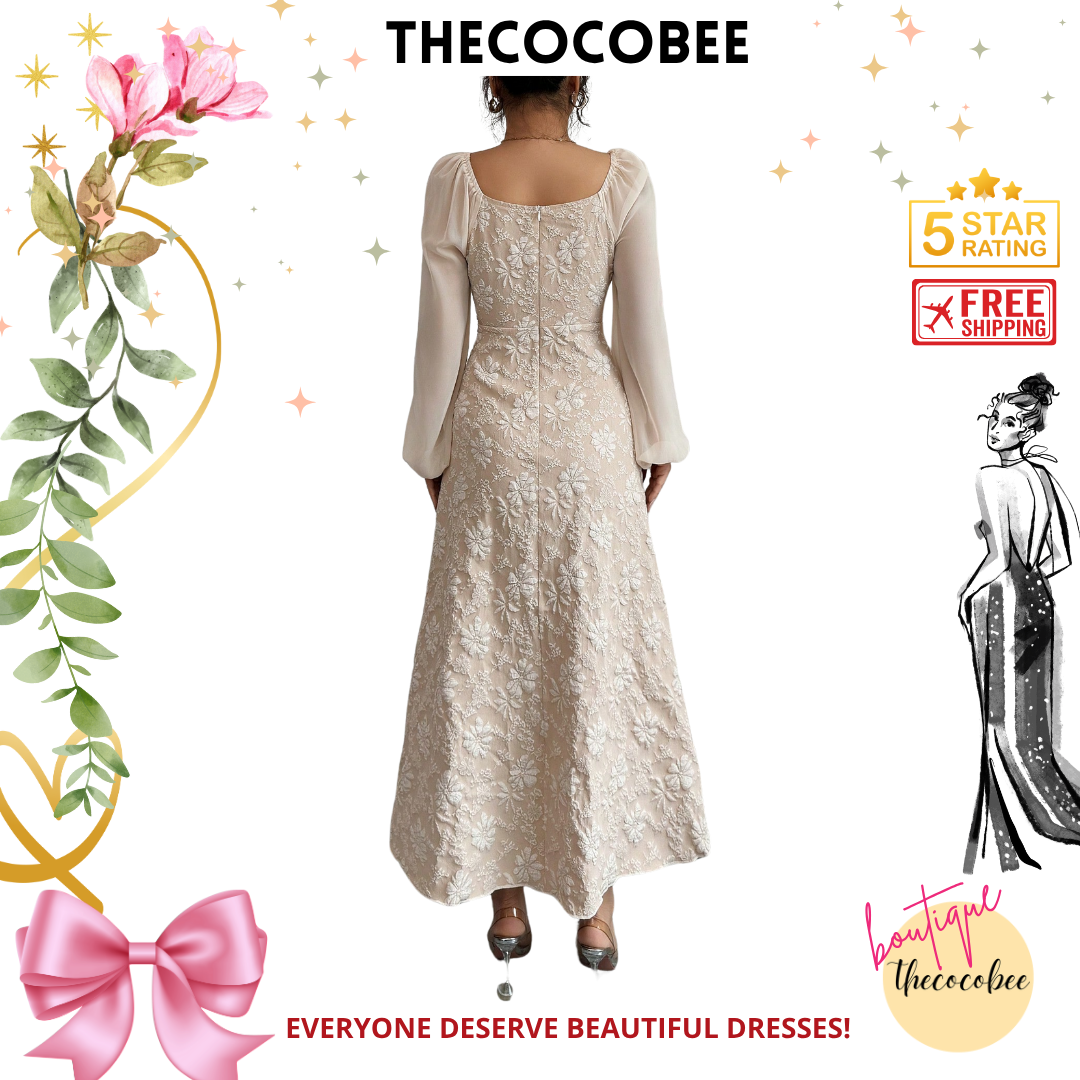 #101 Apricot Jacquard Woven Chiffon Puff Sleeve A-Line Dress