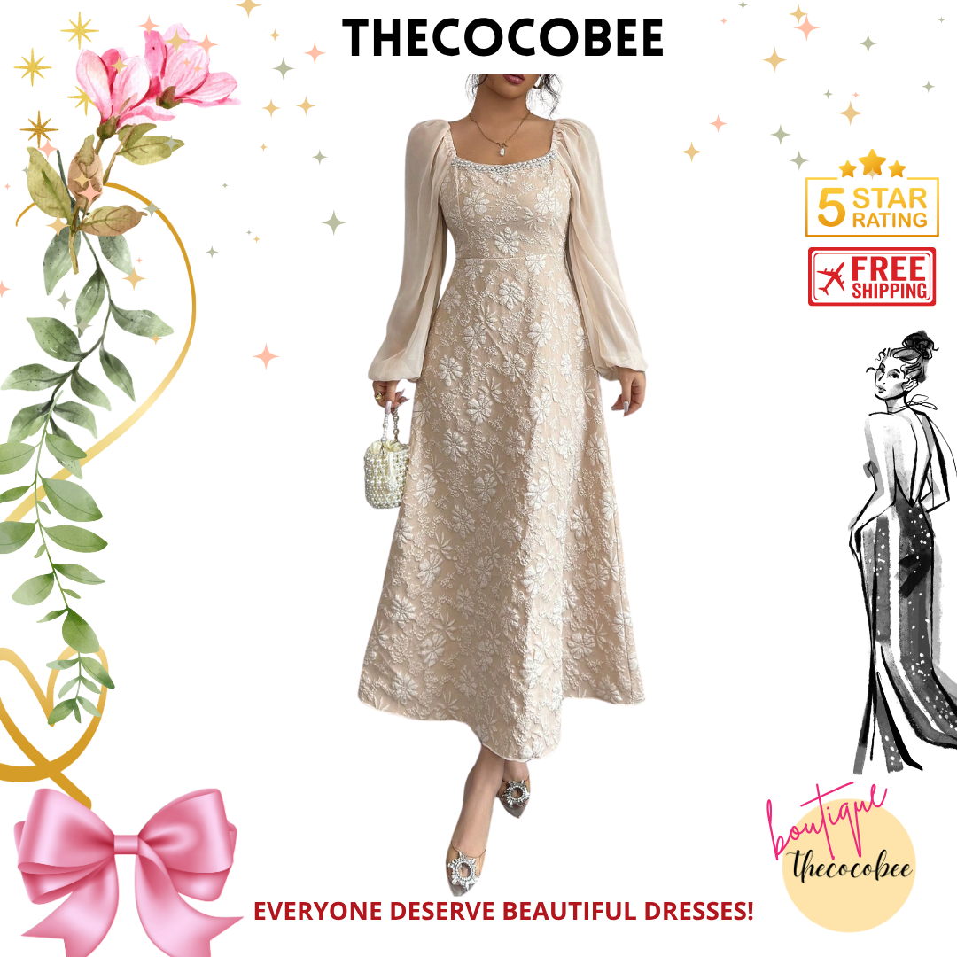 #101 Apricot Jacquard Woven Chiffon Puff Sleeve A-Line Dress