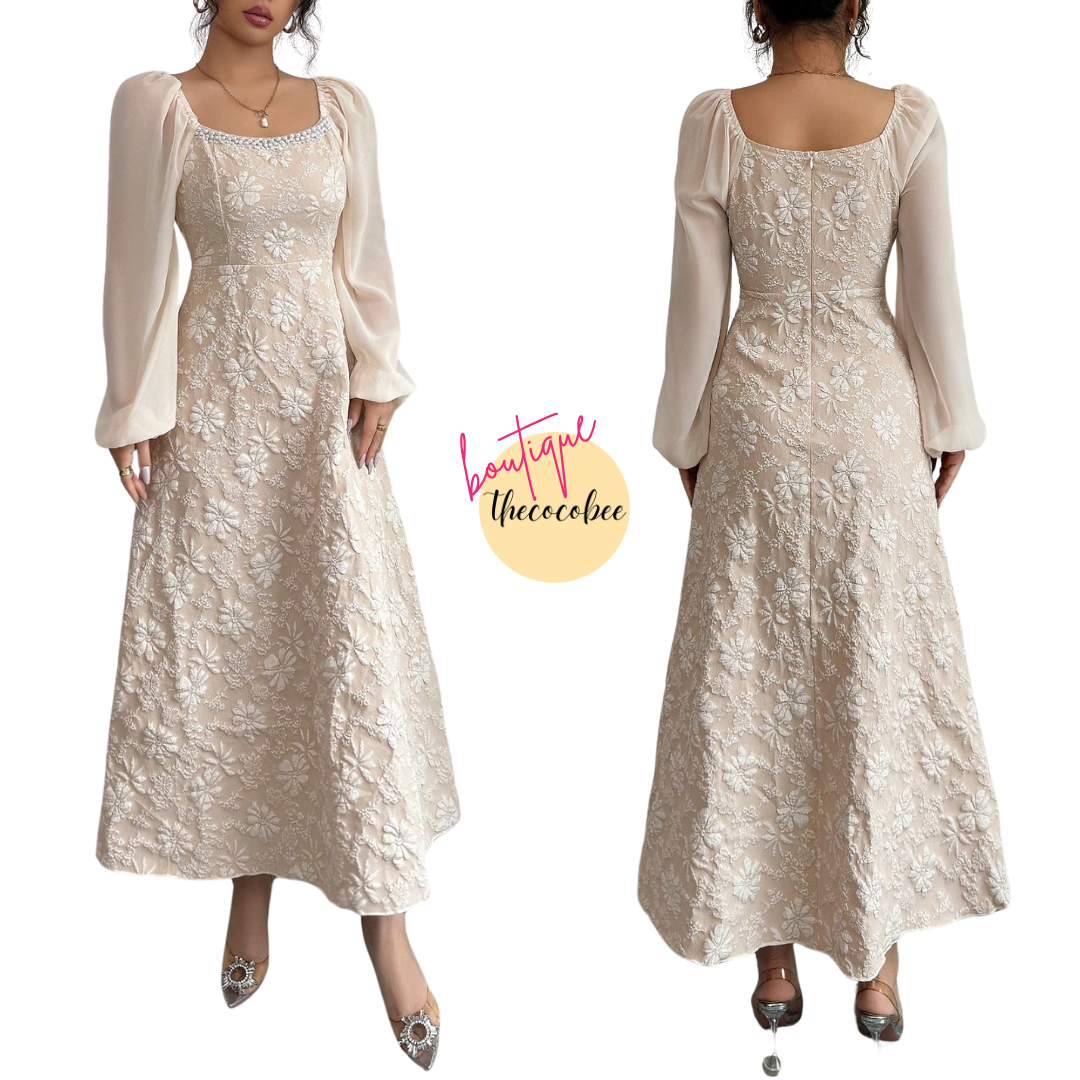 #101 Apricot Jacquard Woven Chiffon Puff Sleeve A-Line Dress