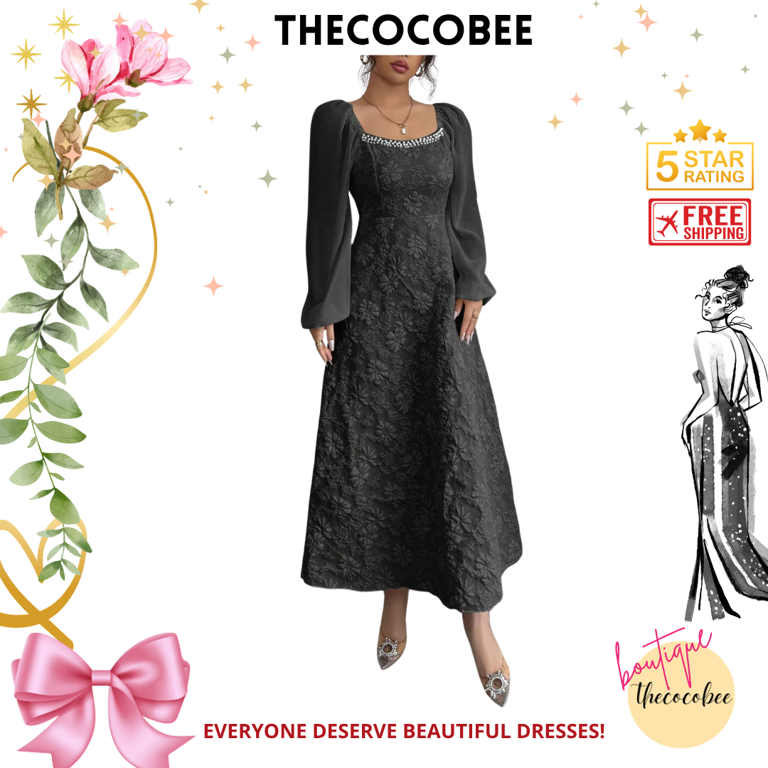#101 Black Jacquard Woven Chiffon Puff Sleeve Flare Hem Dress