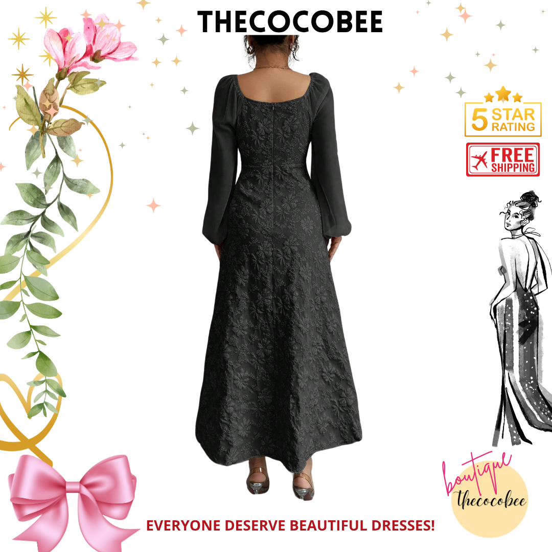 #101 Black Jacquard Woven Chiffon Puff Sleeve Flare Hem Dress