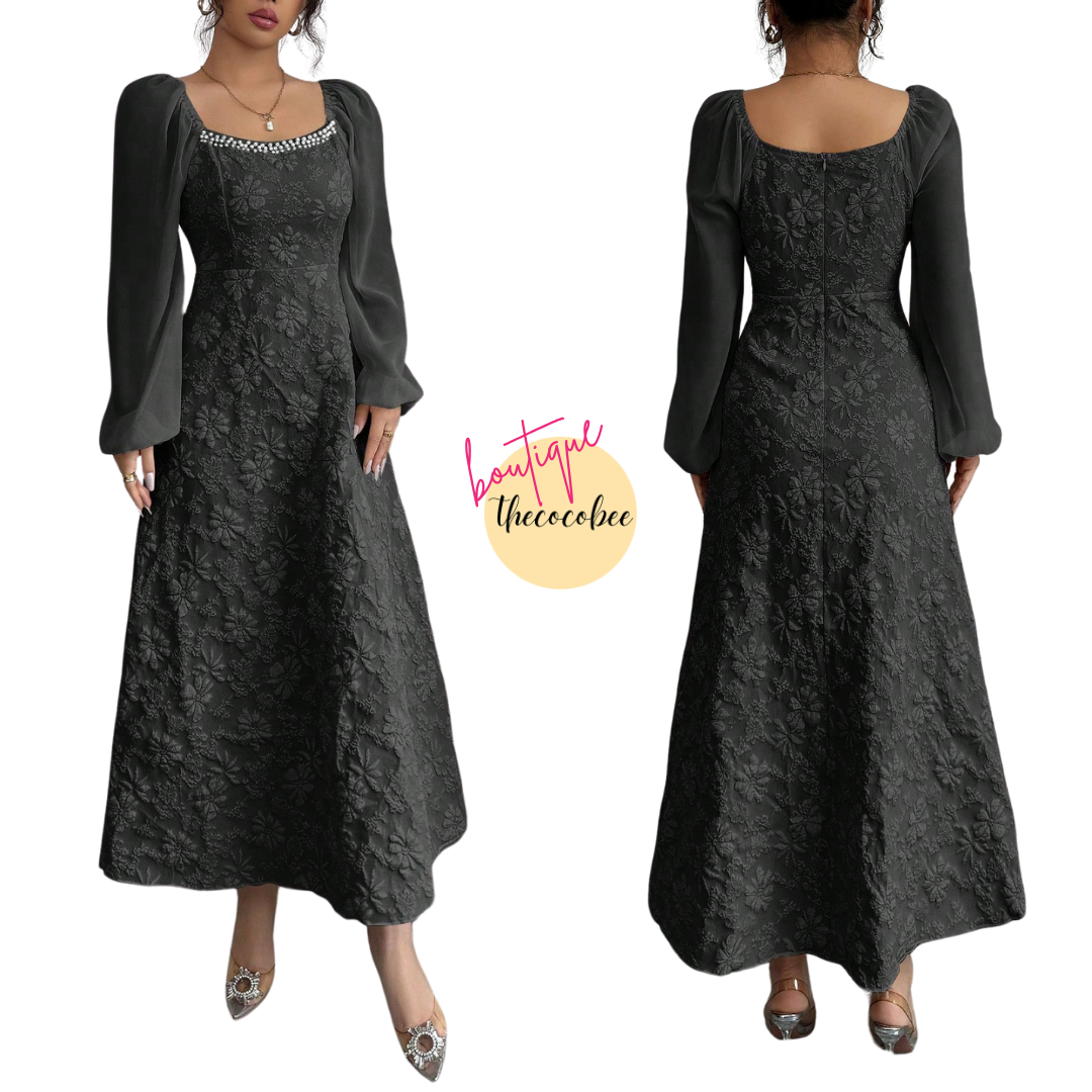 #101 Black Jacquard Woven Chiffon Puff Sleeve Flare Hem Dress