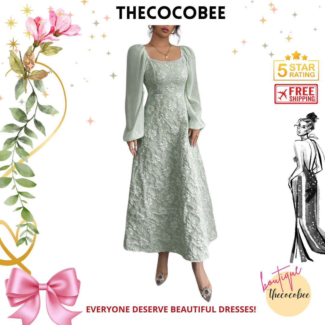 #101 Green Jacquard Weave Patchwork Chiffon Bubble Puff Sleeve A-Line Dress