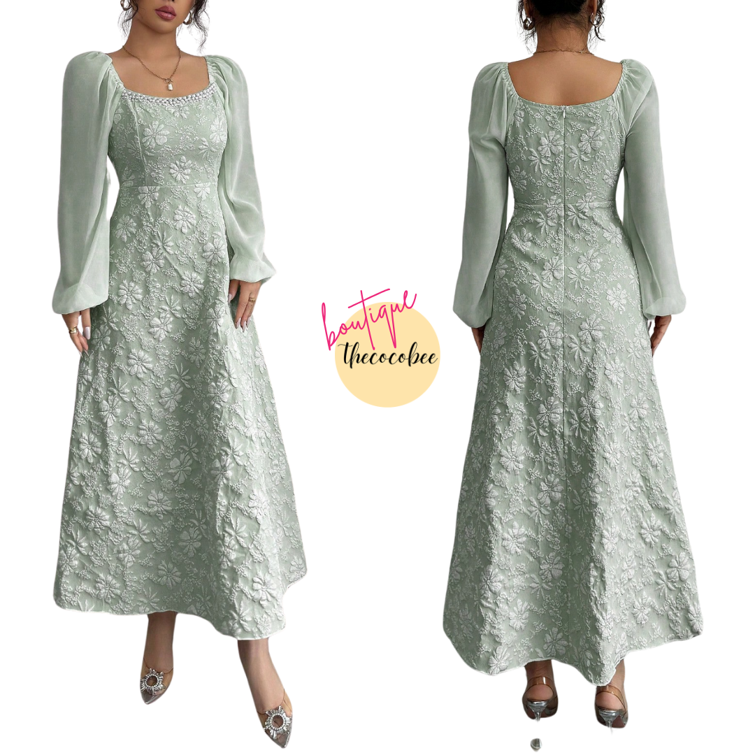 #101 Green Jacquard Weave Patchwork Chiffon Bubble Puff Sleeve A-Line Dress