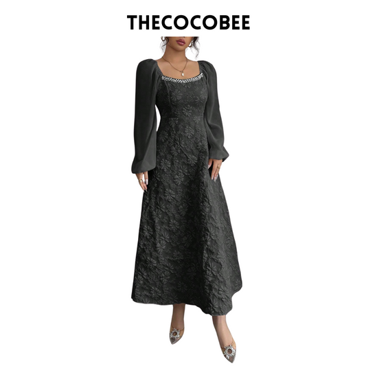 #101 Black Jacquard Woven Chiffon Puff Sleeve Flare Hem Dress