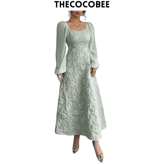 #101 Green Jacquard Weave Patchwork Chiffon Bubble Puff Sleeve A-Line Dress