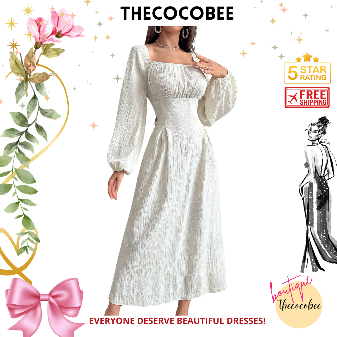 #102 Apricot Fashionable Square Neck Solid Color Waist-Cinching Long Sleeve Dress Maxi Women Outfit Long Evening Dresses