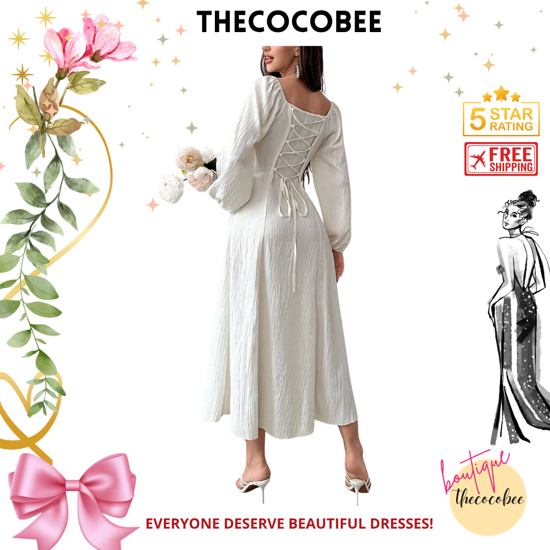 #102 Apricot Fashionable Square Neck Solid Color Waist-Cinching Long Sleeve Dress Maxi Women Outfit Long Evening Dresses